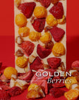 premium white chocolate bar with golden berries, strawberries and caramelized macadamias