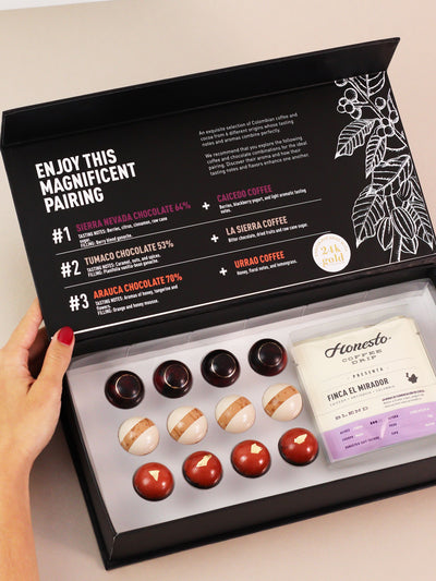 Colombian Coffee & Chocolate Tasting kit showing artisan chocolate bonbons and coffee drips