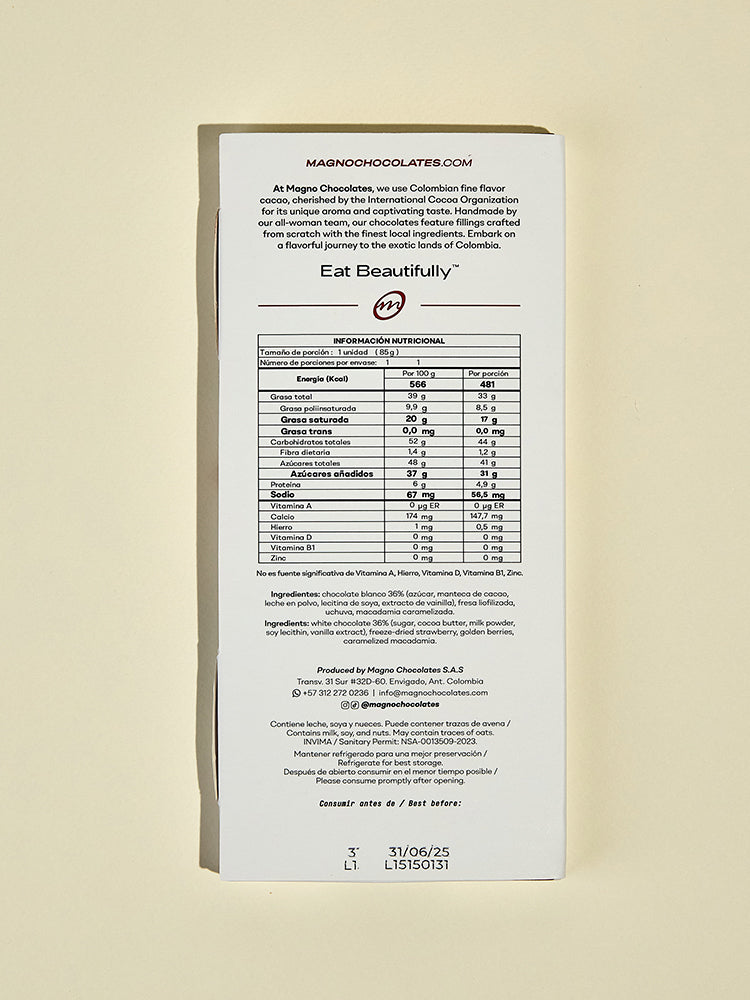 Nutritional information and ingredient list on a chocolate packaging back