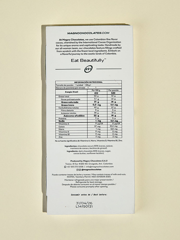 Back of a chocolate packaging with nutritional information and branding on a beige background - magno chocolates 